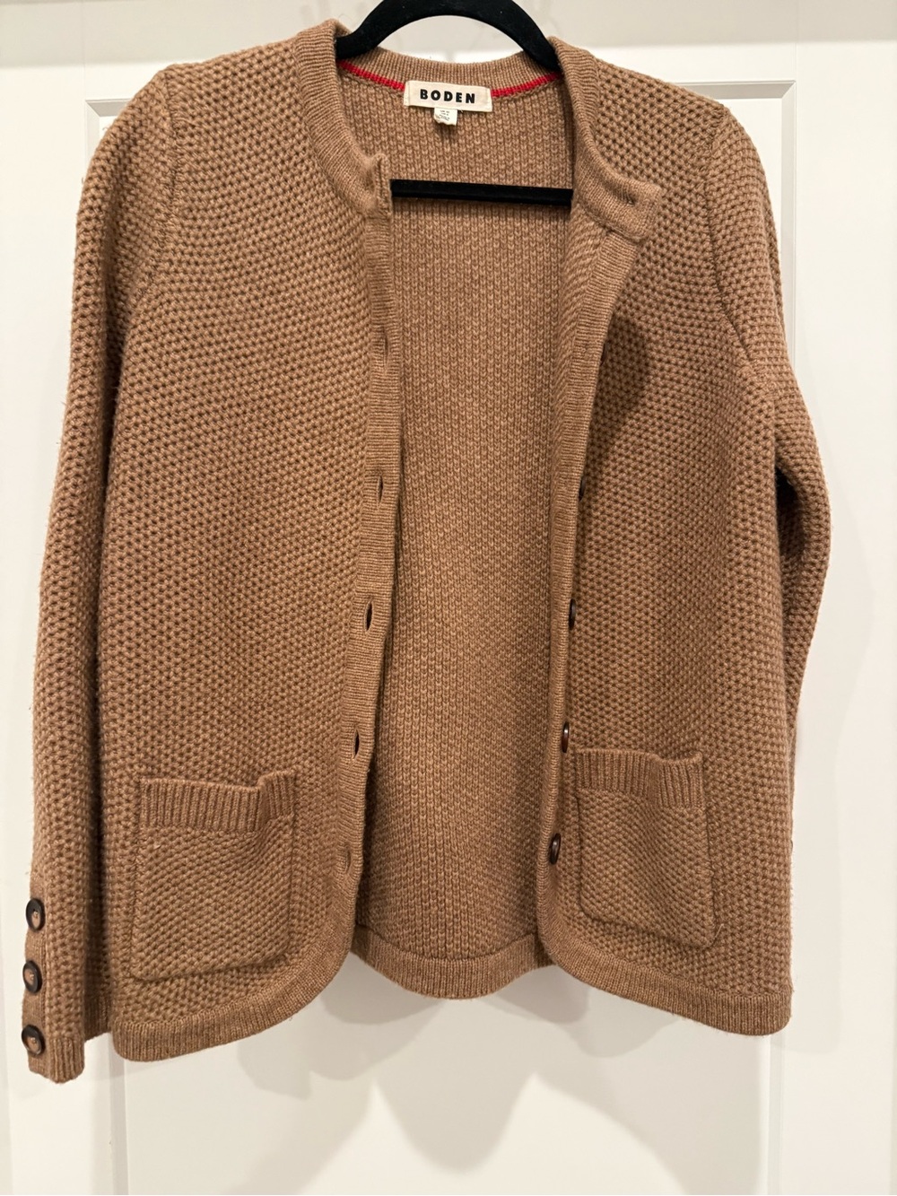 Boden Camel Crewneck Sweater with Red Stitching